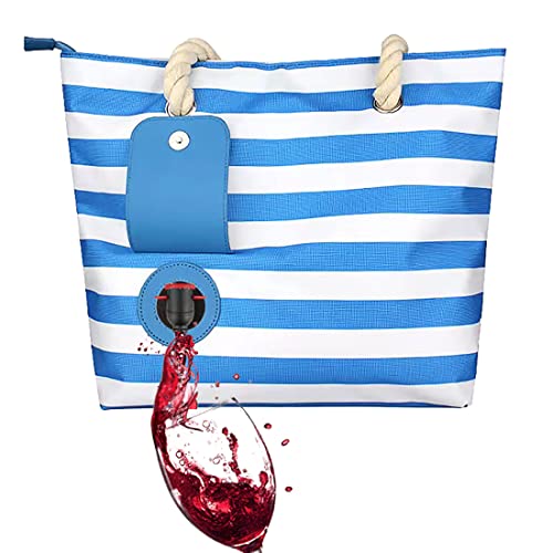 Famolay Beach Wine Tote Bag, Wine Cooler Bag Leakproof Insulated Purse Carrier with Spout Hidden Compartments, Holds 2 bottles of Wine for Travel, BYOB Restaurant, Party, Dinner