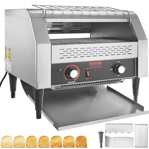 VEVOR 1770W Commercial Conveyor Toaster, 450 Slices per Hour, Heavy Duty Electric Toaster Oven, Food-Grade 304 Stainless Steel Conveyor Belt, Dual Knob Control, for Restaurant Bakery Bread Bagel Bun