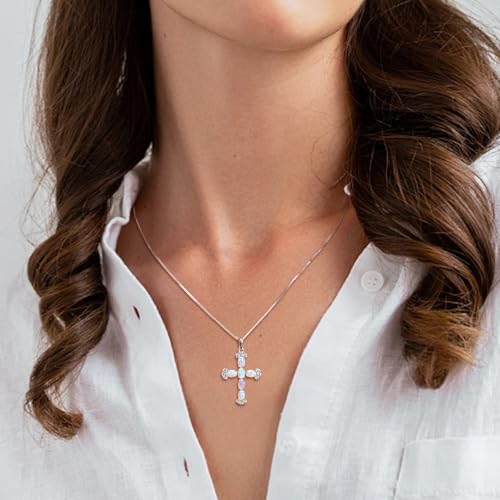 STARCHENIE Sterling Silver Created Opal Cross Necklace for Women Crucifix Pendant Religious Jewelry Gift, 18 Inch Chain2