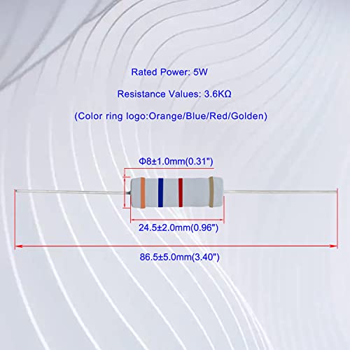 Aopin 3.6K Ohm Metal Oxide Film Resistor, ±5% Tolerance High-Accuracy 5 Watt Resistor For Electronic Circuit, Alternative Resistance For Diy Projects & Experiments 20 Pcs #TOP1