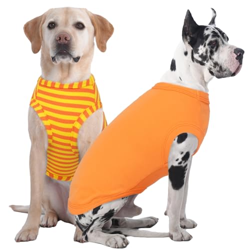 IECOii 2 Pack Dog T-Shirt for Large Dogs,Breathable Tshirts for Hot Weather,Stretchy & Comfortable Pet Summer Clothes Outdoor & Indoor Wearing,Pet Tank Top Set Great Dane Tee Shirts,Orange+Stripes,5XL