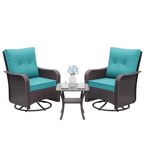 Gotland 3 Pieces Patio Set, Outdoor Swivel Chairs Set of 2 with 4'' Waterproof Cushions High Back Double-Layer Side Table, Wicker Rocking Patio Chairs Set of 2 for Balcony, Porch, Garden Blue
