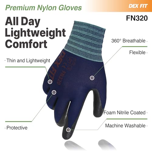 Image of DEX FIT Nitrile Work Gloves FN320, 3D Comfort Stretch Fit, Power Grip, Durable Foam Coated, Thin & Lightweight Premium Nylon, Machine Washable, Navy X-Small 3 Pairs