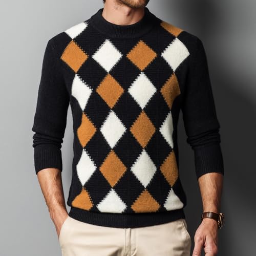 Men's 100% Wool Mock Turtleneck Long Sleeve Pullover Fashionable Retro Argyle Sweater4