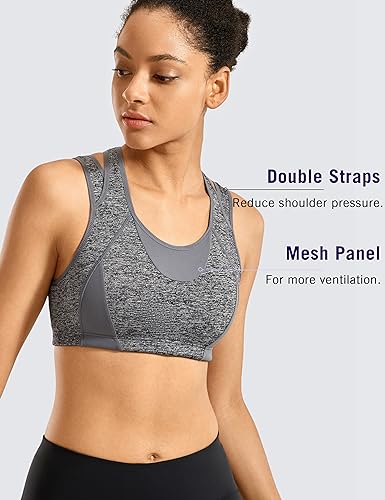Image of SYROKAN Women's Double Straps Racerback Sports Bra | High Impact, Mesh Racerback, One-Piece Molded Cups, Wireless, Front Mesh Panel, Full Coverage