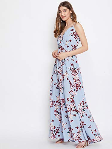 Image of Berrylush Women Floral Print Stylish Flaired Front Slit Shoulder Strap Maxi Dress Blue Small