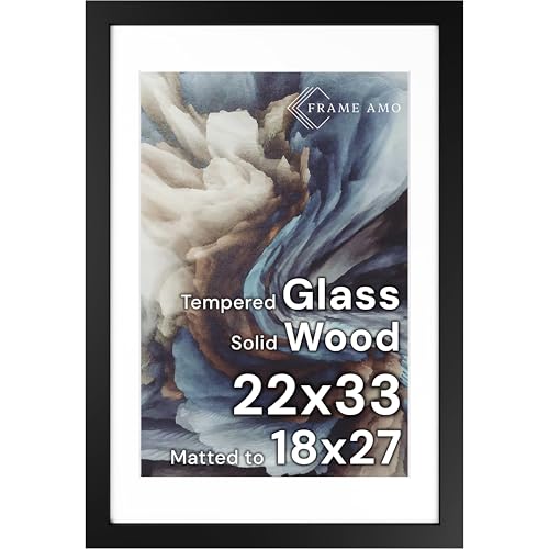 Frame Amo 22x33 Black Solid Wood Poster Frame, White Mat for 18x27 Image, Tempered Glass Front, 1.5 inch Wide, 1 inch Thick, High-End, Substantial, Gallery Grade & Acid-Free