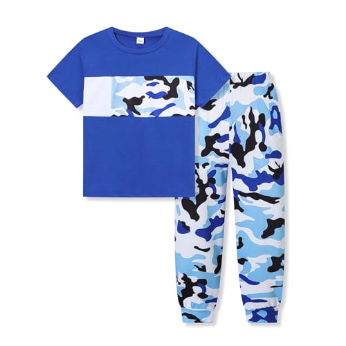Image of OLMRJKD Boys 2 Piece Outfits Color Block Clothes Short Sleeve T Shirt and Camouflage Pants Summer Clothing Sets