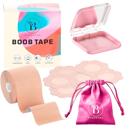 BLOOMORA Boob Tape – Cinta Adhesiva Pecho Invisible – Cinta Push Up para Levantar el Busto – Body Tape para Vestidos sin Tirantes & Tops sin Espalda – Accesorios Incluidos – Beige