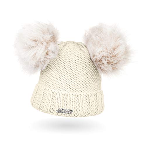 Neverless® gefütterte Damen Strickmütze mit Doppel-Fell-Bommel und Fleece Futter, Winter-Mütze, Bommelmütze Creme