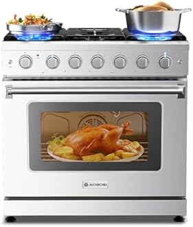 AAOBOSI 36 Inch Front Control Gas Range Oven with 6 Cooktop Burners, 6 Cu. Ft True Convection and Self Clean, Freestanding Stainless Steel Heavy Duty Gas Range Stove with Halogen Light,Large Capacity
