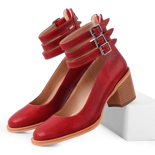 FancyQueen Mary Jane Pumps, Vintage Mary Janes Heels Chunky Round Toe Mary Jane Shoes with Adjustable Buckles Back Zipper2