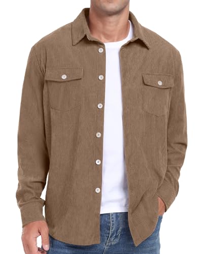 Image of Askdeer Men's Corduroy Button Down Shirts Long Sleeve Casual Shacket Jacket Western Corduroy Shirt Jacket with Flap Pockets