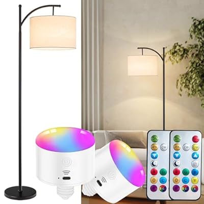Battery Operated Cordless Lamp with Remote Control - Dimmable Modern Tall Standing Lamp with Linen Shade - 3 Color Temperatures LED Bulb Included