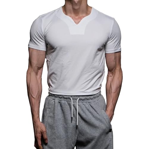 Men High Elastic Tight Quick Dry T Shirts Short Sleeve Tee Tops for Running Training Summer Casual Fitness Shirt (White,3X-Large)