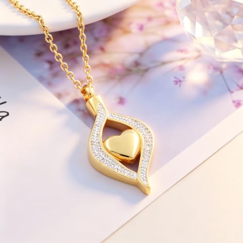 SIYUU Eye Cremation Jewelry for Ashes Pendant Crystal Teardrop Heart Cremation Urn Necklace Memorial Keepsake Jewelry for Women Gift (Gold) by SIYUU - Used condition - Image 2