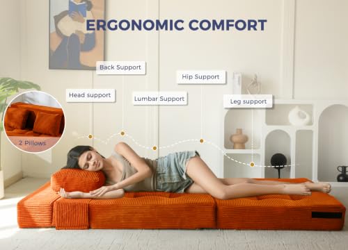 Image of MAXYOYO Convertible Sofa Bed, Fold Out Sofa Couch with Pillow for Adults | Loveseat Sofa 4 in 1 Tufted Folding Couch Bed Foam Floor Couch, Lazy Chair for Living Room Bedroom Guest Room, Orange