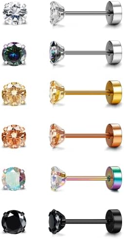Diamday 6Pairs 20G Stainless Steel Cartilage Stud Earrings for Women Men Girls Tragus CZ Flat Back Screw Back Earring Sets Helix Hypoallergenic Ear Piercing Jewelry