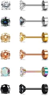 Diamday 6Pairs 20G Stainless Steel Cartilage Stud Earrings for Women Men Girls Tragus CZ Flat Back Screw Back Earring Sets Helix Hypoallergenic Ear Piercing Jewelry