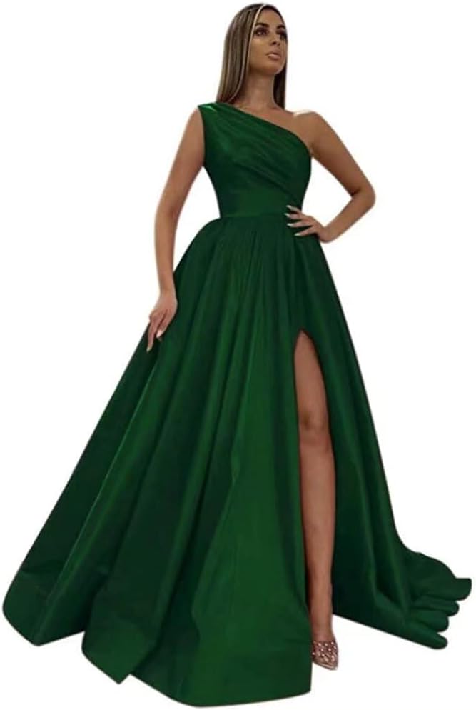 One Shoulder Prom Dresses for Women 2025 New Emerald Green A Line Satin Ball Gowns Formal Evening Dress with Slit,R13
