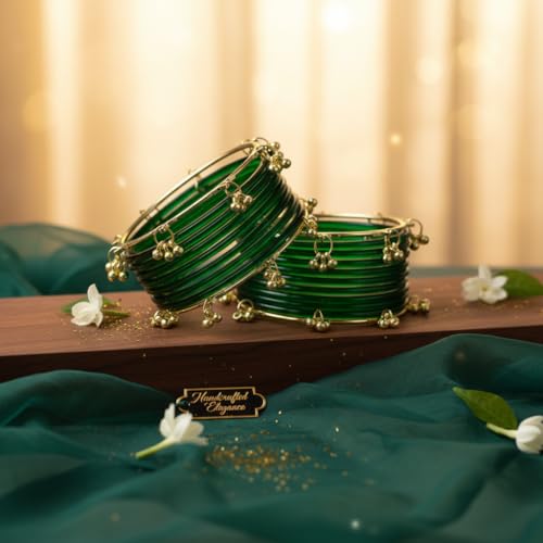 Image of Premium Glass Bangles Set with Ghungroo For Women Kangan Set For Women|Kanch Ki Chudiya Set Girls|Trendy Bangle For Gift|Wedding & Parties - Set Of 12