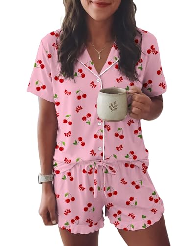 Image of Ekouaer Womens Pajama Sets Button Down Short Sleeve Top and Shorts Cute Ruffled Pjs Sets Sleepwear