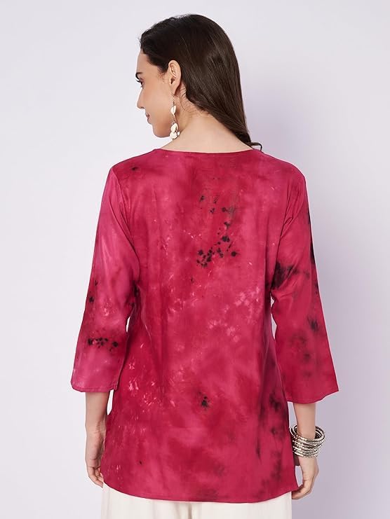 Embroidered Short Kurti for Women on Jeans, V-Neck, 3/4 Sleeve, Floral Design, Kashmiri Tunic Top - Image 6