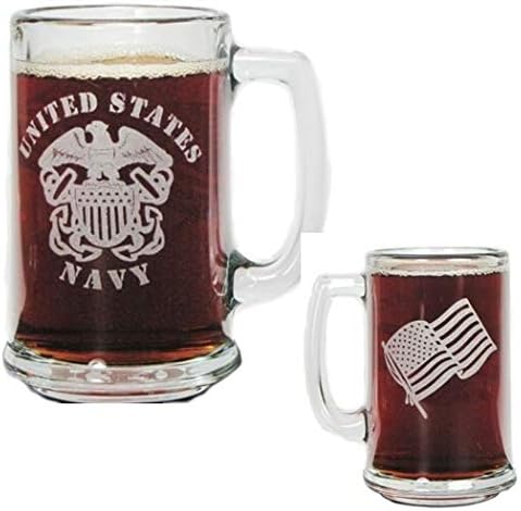U.S. Navy 15oz. Beer Mug with Handle - Engraved with Navy Logo, American Flag and Navy Anchor