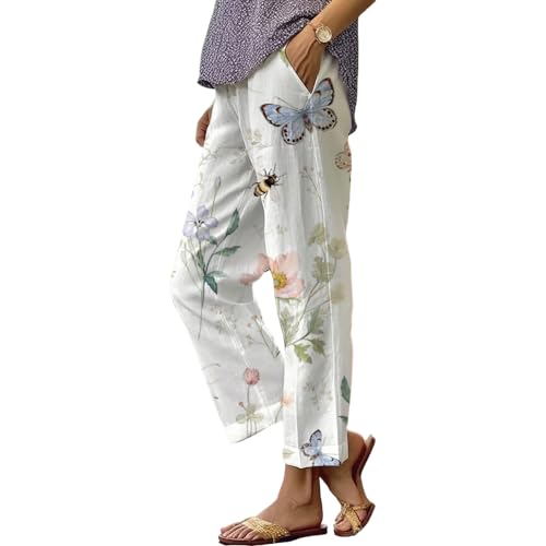 Womens Summer Boho Floral Print Linen Pants Drawstring Elastic Hight Waist Casual Loose Trousers with 4 Pockets