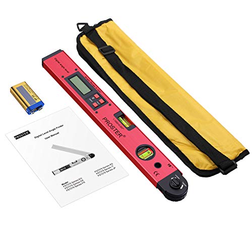 Proster Digitaler Winkelmesser 0-225 ° Digital Winkelmesser mit Wasserwaage und LCD Beleuchtetung 400 mm / 16 Zoll Winkelmessgerät mit Batterie und Tasche für Bedachungstechnik -Rot