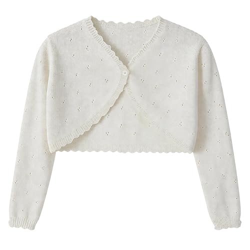 Image of Girls Cardigan, Girls Bolero Shrug Sweater, Kids Knit Hollow Out Long Sleeve, Button Cover Up Cropped Tops