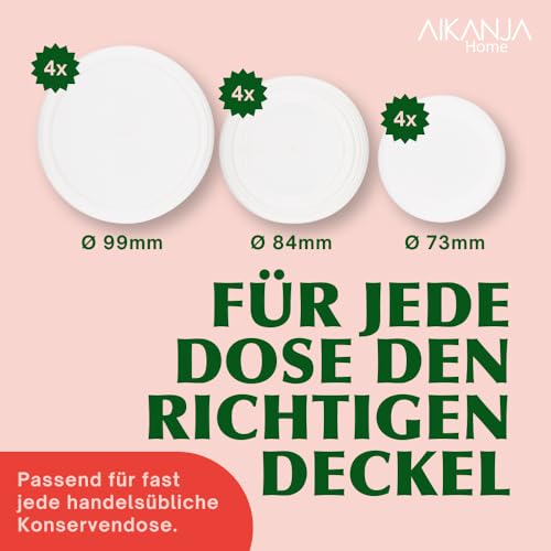 AIKANJA Home | Dosendeckel/Konservendeckel - 12 Stück, Deckel in 3 verschiedenen Grössen, Universaldeckel aus transparenten Kunststoff für Lebensmittel/Tierfutter 400g Dosen / 800g Dosen