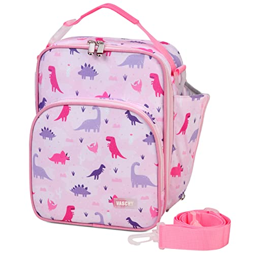 VASCHY Lunch Boxes Bag for Kids, Insulated Lunchbox Reusable Containers for Girls with Detachable Shoulder Strap for School Pink Dinosaur