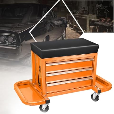 PM PERFORMOTOR 3-Drawer Tool Chest Rolling Mechanic Seat with Tool Trays,350lbs Max Weight Capacity, Orange,PM-TOL-RST1-OG Cover