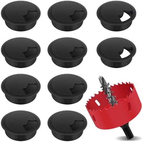 Yeepeo 60mm Kabeldurchführung Schreibtisch 10 Stück mit 1 Stück Lochsäge | Kunststoff Tisch Kabeldurchführung, Schwarz, Kabeldurchlass Kabel Durchführungen für Tisch Office Schreib