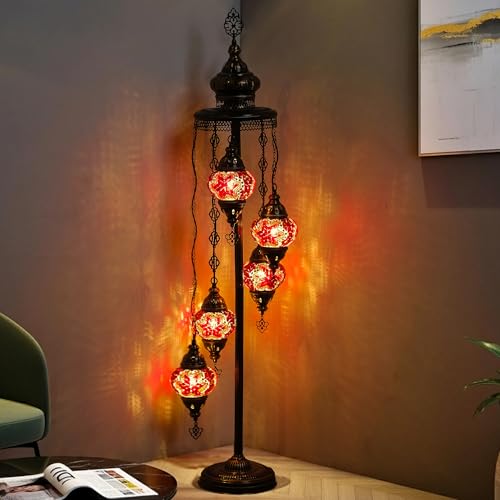 Mozaist Turkish Mosaic Floor Lamp with Bulbs – Handmade Multi Globe Moroccan Standing Lamp, Authentic Stained Glass Light, Bohemian Home Decor (Red, 5 Globe Floor Lamp)