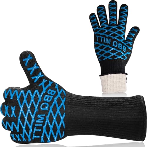1 par de guantes de cocina profesionales, resistentes al calor, con agarre antideslizante, protección extra larga para asar, hornear, freír, color azul