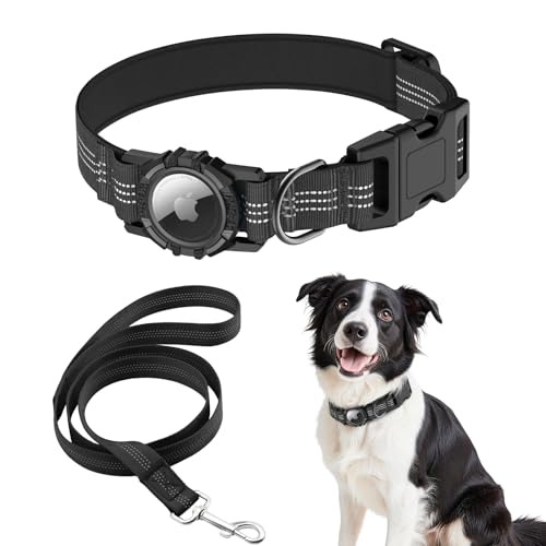 HDDTTZ AirTag 犬用首輪とリーシュ、IP68防水一体型反射、超耐久性、快適なパッド入り、高耐久、小型犬、中型大型犬用首輪、S(26.9 cm-34.5 cm)、ブラックの商品画像（Amazon）