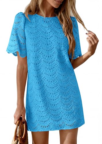 PRETTYGARDEN Women's 2026 Summer Casual Short Dresses Embroidered Lace Short Sleeve Boho Mini Dress Beach Vacation Clothes (Brilliant Blue,Medium) — view 4