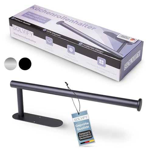 SOLVIFY® Küchenrollenhalter ohne Bohren [MIT Klebestreifen für einfache Montage] | Schwarz | Edelstahl | Papierrollenhalter | Zewa Rollenhalter | Küche | Wand | Grill | Wohnmobil (Schwarz)