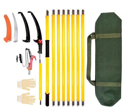 Sierra de podar para árboles de 9 m, sierra manual de resorte mejorada para herramientas de jardín, podadoras, sierras de poste de mano, altura extensible y bolsillo de almacenamiento