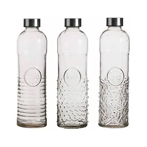 Set of 3 Glass Water Bottles 1 Litre Vintage Airtight Juice Beverage Water Bottles With Screw Cap Top Fridge Serving Preserve Storage Transparent Embossed Glass Bottles (Set of 3 (1 each design)) Cover