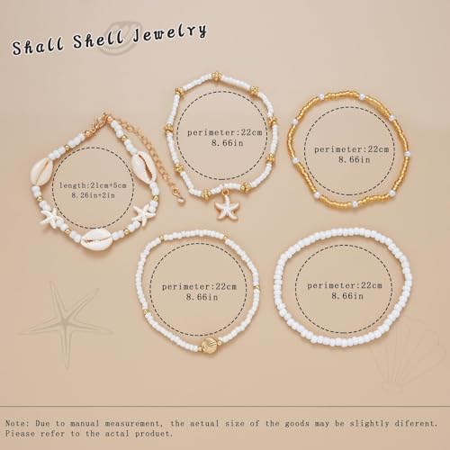 Image of Boho Shell Ankle Bracelet Set for Women, 5 Pairs 14K Boho Bead Handmade Adjustable Anklet, Hawaiian Beach Seashell Starfish Foot Jewelry Gifts