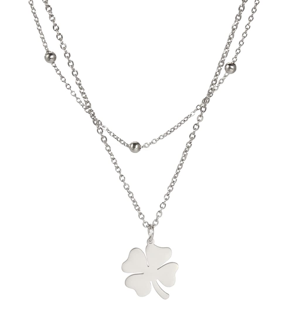 Collana Quadrifoglio Portafortuna Donna – Acciaio Inossidabile, Ciondolo Delicato Con Catena Doppio Strato (Oro/Argento)
