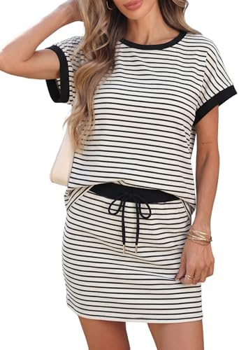 ZAFUL Womens Striped Short Sleeve Skirt Sets Crewneck Colorblock ...