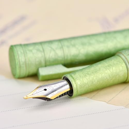 Image of Hongdian 1851 Forest Fountain Pen Applegreen Ice Flowers, Blade Nib Classic Design Calligraphy Pen with Converter and Metal Pen Case