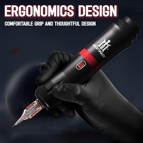 NEDPAIN tattoo pen kit includes a professional tattoo machine with RCA power adapter, 10 cartridge tattoo needles, 7 colors of tattoo ink, and practice skin, suitable for beginners and tattoo artists
