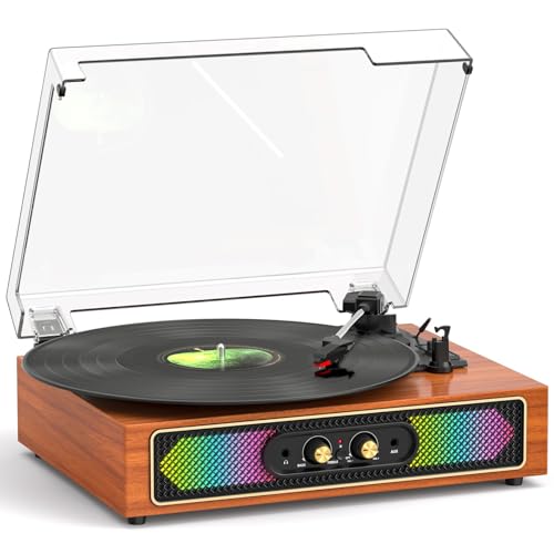 Bluetooth Record Player with RGB Lights, 3-Speed Belt-Drive Turntable with Built-in Stereo Speakers, Bass/Treble Control, Auto Stop, AUX in/Out, RCA Out, Retro Wood Vinyl Player for Home & Gift Use