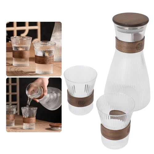 AYNEFY 1600ml High Borosilicate Glass Bedside Carafe with Lid and 2 Glass Cup Set, Teapot, Coffee Juice Pitcher, for Home, Office, Tea House, Walnut Wood, 304 Stainless Steel