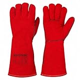 SAFETREE Schweißerhandschuhe aus Rindspaltleder, Größe 10 (XL), 35 cm Lange Stulpe, Hitzebeständig nach EN 12477 Typ A & EN 407, Professional Schutzhandschuhe für Schweißen, Kamin & Grill, Rot